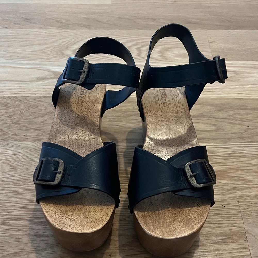 Kork-Ease Black Leather and Brown Platform Sandals